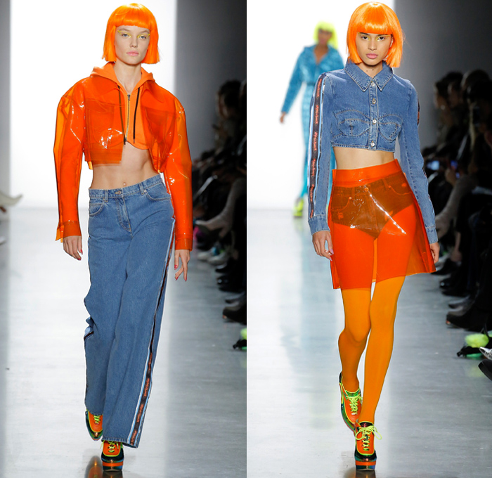 Jeremy Scott 2018-2019 Fall Autumn Winter Womens Runway Catwalk Looks - New York Fashion Week NYFW - Sci-fi Movie Popples Bears Straps Belts Quilted Puffer Gold Silver Velvet Fur Geometric Patchwork Bedazzled Gemstones Sequins Sheer Satin Coat Bomber Jacket Crop Top Midriff Bralette Tabard Anorak Knit Turtleneck Sweaterdress Cutout Bib Denim Jeans Miniskirt Tights Stockings Cargo Pockets Jogger Sweatpants Hotpants Onesie Playsuit Culottes Lamp Skirt Wig Tote Bag Arctic Boots Sunglasses