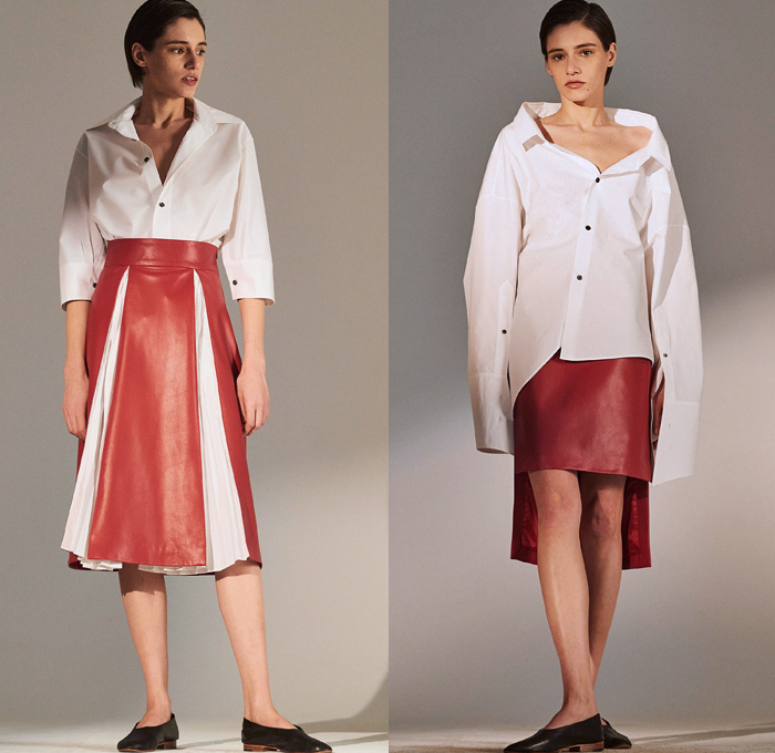 Ji Oh 2018-2019 Fall Autumn Winter Womens Lookbook Presentation - New York Fashion Week NYFW - Dimensional Sculptural Cinch Drawstring Shaggy Plush Fur Arm Warmers Kimono Dress Bell Wide Sleeves Cutout Shoulder Long Sleeve Blouse Shirt Tailored Sweater Jumper Curved Asymmetrical Elongated Mullet High-Low Hem Double Extra Sleeves Cargo Pockets Zippers Shirtdress Tapered Trousers Cropped Pants Capri Sash Waist Accordion Pleats Folded Waistband