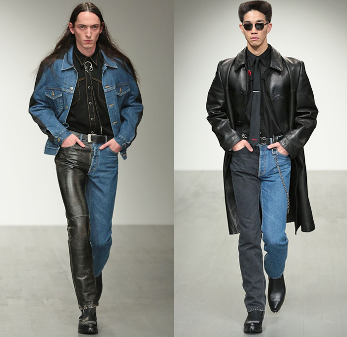 John Lawrence Sullivan 2018-2019 Fall Autumn Winter Mens Runway Catwalk Looks Designer Arashi Yanagawa - London Collections Fashion Week Mens UK - Denim Jeans Half Panel Split Combo LeatherOvercoat Knit Sweater Shaggy Plush Fur Wool Fleece Suit Blazer Bomber Motorcycle Biker Jacket Vest Plaid Tartan Check Velour Velvet Leopard Moto Pants Knee Panels Chain Boots Necktie Sunglasses Fanny Pack Waist Pouch Belt Bag