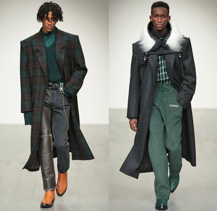 John Lawrence Sullivan 2018-2019 Fall Autumn Winter Mens Runway Catwalk Looks Designer Arashi Yanagawa - London Collections Fashion Week Mens UK - Denim Jeans Half Panel Split Combo LeatherOvercoat Knit Sweater Shaggy Plush Fur Wool Fleece Suit Blazer Bomber Motorcycle Biker Jacket Vest Plaid Tartan Check Velour Velvet Leopard Moto Pants Knee Panels Chain Boots Necktie Sunglasses Fanny Pack Waist Pouch Belt Bag