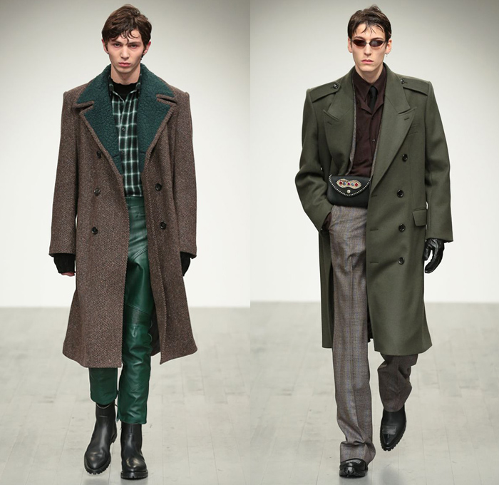 John Lawrence Sullivan 2018-2019 Fall Autumn Winter Mens Runway Catwalk Looks Designer Arashi Yanagawa - London Collections Fashion Week Mens UK - Denim Jeans Half Panel Split Combo LeatherOvercoat Knit Sweater Shaggy Plush Fur Wool Fleece Suit Blazer Bomber Motorcycle Biker Jacket Vest Plaid Tartan Check Velour Velvet Leopard Moto Pants Knee Panels Chain Boots Necktie Sunglasses Fanny Pack Waist Pouch Belt Bag