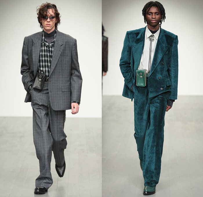 John Lawrence Sullivan 2018-2019 Fall Autumn Winter Mens Runway Catwalk Looks Designer Arashi Yanagawa - London Collections Fashion Week Mens UK - Denim Jeans Half Panel Split Combo LeatherOvercoat Knit Sweater Shaggy Plush Fur Wool Fleece Suit Blazer Bomber Motorcycle Biker Jacket Vest Plaid Tartan Check Velour Velvet Leopard Moto Pants Knee Panels Chain Boots Necktie Sunglasses Fanny Pack Waist Pouch Belt Bag