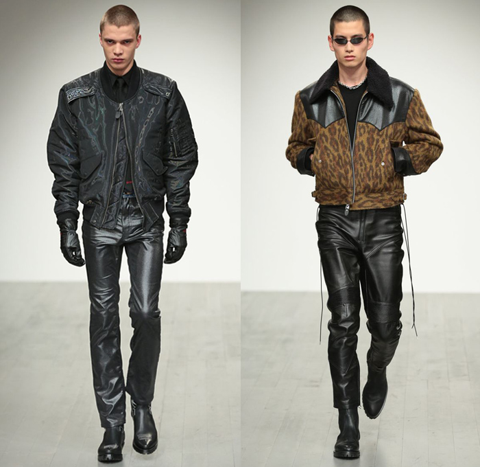 John Lawrence Sullivan 2018-2019 Fall Autumn Winter Mens Runway Catwalk Looks Designer Arashi Yanagawa - London Collections Fashion Week Mens UK - Denim Jeans Half Panel Split Combo LeatherOvercoat Knit Sweater Shaggy Plush Fur Wool Fleece Suit Blazer Bomber Motorcycle Biker Jacket Vest Plaid Tartan Check Velour Velvet Leopard Moto Pants Knee Panels Chain Boots Necktie Sunglasses Fanny Pack Waist Pouch Belt Bag