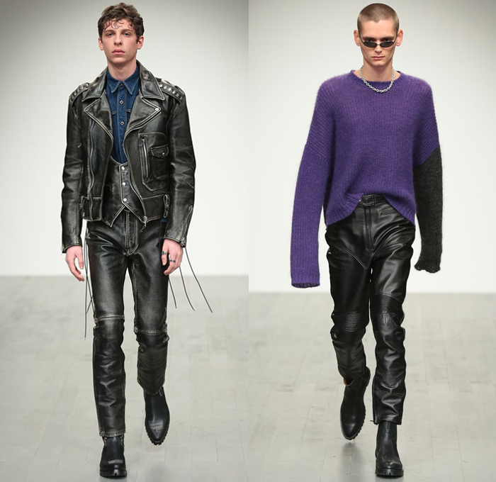 John Lawrence Sullivan 2018-2019 Fall Autumn Winter Mens Runway Catwalk Looks Designer Arashi Yanagawa - London Collections Fashion Week Mens UK - Denim Jeans Half Panel Split Combo LeatherOvercoat Knit Sweater Shaggy Plush Fur Wool Fleece Suit Blazer Bomber Motorcycle Biker Jacket Vest Plaid Tartan Check Velour Velvet Leopard Moto Pants Knee Panels Chain Boots Necktie Sunglasses Fanny Pack Waist Pouch Belt Bag