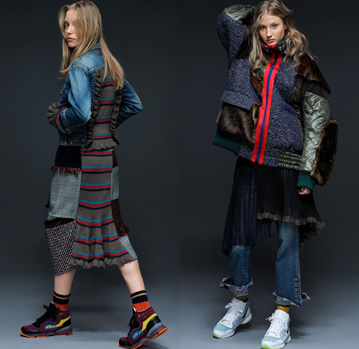 Kolor 2018-2019 Fall Autumn Winter Womens Lookbook Presentation - Mode à Paris Fashion Week France - Hybrid Combo Panel Patchwork Mix Mash Up Ruffles Herringbone Check Plaid Tartan Houndstooth Tweed Plush Fur Quilted Puffer Circles Sheer Chiffon Tassels PVC Vinyl Pleather Coat Parka Denim Jeans Motorcycle Biker Jacket Knit Sweaterdress Blouse Bell Sleeves Buttons Skirt Asymmetrical Accordion Pleats Wide Leg Straps Belts Striped Socks Hi-Tops Trainers Heels Scarf Fanny Pack Waist Pouch Bum Bag