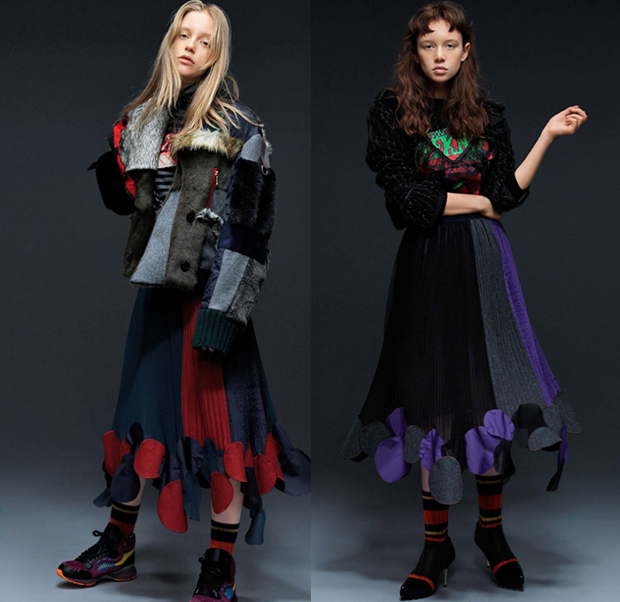 Kolor 2018-2019 Fall Autumn Winter Womens Lookbook Presentation - Mode à Paris Fashion Week France - Hybrid Combo Panel Patchwork Mix Mash Up Ruffles Herringbone Check Plaid Tartan Houndstooth Tweed Plush Fur Quilted Puffer Circles Sheer Chiffon Tassels PVC Vinyl Pleather Coat Parka Denim Jeans Motorcycle Biker Jacket Knit Sweaterdress Blouse Bell Sleeves Buttons Skirt Asymmetrical Accordion Pleats Wide Leg Straps Belts Striped Socks Hi-Tops Trainers Heels Scarf Fanny Pack Waist Pouch Bum Bag