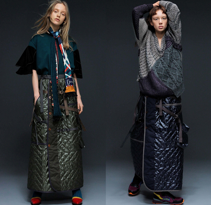 Kolor 2018-2019 Fall Autumn Winter Womens Lookbook Presentation - Mode à Paris Fashion Week France - Hybrid Combo Panel Patchwork Mix Mash Up Ruffles Herringbone Check Plaid Tartan Houndstooth Tweed Plush Fur Quilted Puffer Circles Sheer Chiffon Tassels PVC Vinyl Pleather Coat Parka Denim Jeans Motorcycle Biker Jacket Knit Sweaterdress Blouse Bell Sleeves Buttons Skirt Asymmetrical Accordion Pleats Wide Leg Straps Belts Striped Socks Hi-Tops Trainers Heels Scarf Fanny Pack Waist Pouch Bum Bag