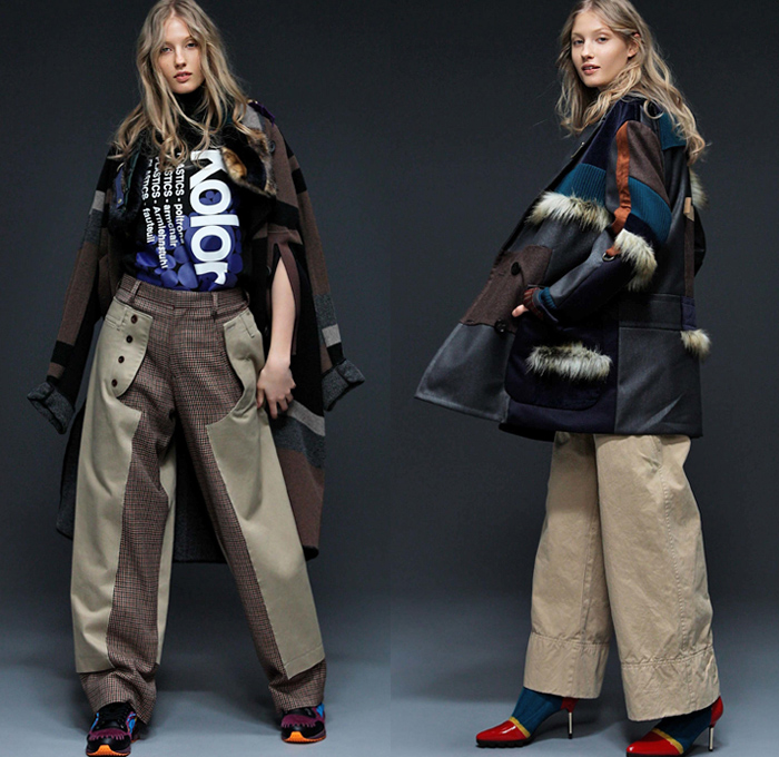 Kolor 2018-2019 Fall Autumn Winter Womens Lookbook Presentation - Mode à Paris Fashion Week France - Hybrid Combo Panel Patchwork Mix Mash Up Ruffles Herringbone Check Plaid Tartan Houndstooth Tweed Plush Fur Quilted Puffer Circles Sheer Chiffon Tassels PVC Vinyl Pleather Coat Parka Denim Jeans Motorcycle Biker Jacket Knit Sweaterdress Blouse Bell Sleeves Buttons Skirt Asymmetrical Accordion Pleats Wide Leg Straps Belts Striped Socks Hi-Tops Trainers Heels Scarf Fanny Pack Waist Pouch Bum Bag