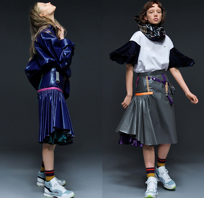 Kolor 2018-2019 Fall Autumn Winter Womens Lookbook Presentation - Mode à Paris Fashion Week France - Hybrid Combo Panel Patchwork Mix Mash Up Ruffles Herringbone Check Plaid Tartan Houndstooth Tweed Plush Fur Quilted Puffer Circles Sheer Chiffon Tassels PVC Vinyl Pleather Coat Parka Denim Jeans Motorcycle Biker Jacket Knit Sweaterdress Blouse Bell Sleeves Buttons Skirt Asymmetrical Accordion Pleats Wide Leg Straps Belts Striped Socks Hi-Tops Trainers Heels Scarf Fanny Pack Waist Pouch Bum Bag