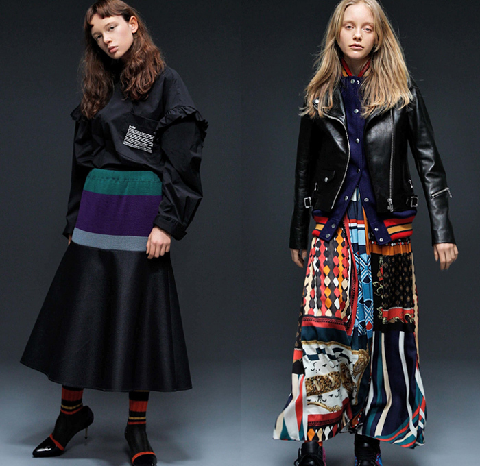 Kolor 2018-2019 Fall Autumn Winter Womens Lookbook Presentation - Mode à Paris Fashion Week France - Hybrid Combo Panel Patchwork Mix Mash Up Ruffles Herringbone Check Plaid Tartan Houndstooth Tweed Plush Fur Quilted Puffer Circles Sheer Chiffon Tassels PVC Vinyl Pleather Coat Parka Denim Jeans Motorcycle Biker Jacket Knit Sweaterdress Blouse Bell Sleeves Buttons Skirt Asymmetrical Accordion Pleats Wide Leg Straps Belts Striped Socks Hi-Tops Trainers Heels Scarf Fanny Pack Waist Pouch Bum Bag