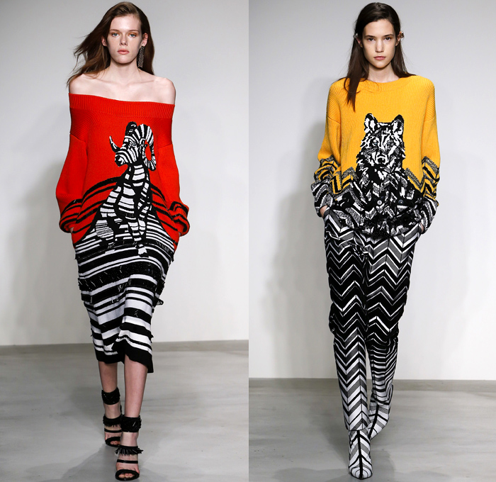 Krizia 2018-2019 Fall Autumn Winter Womens Runway Catwalk Looks - Milano Moda Donna Collezione Milan Fashion Week Italy - Animalier Animals Ram Wolf Bear Cheetah Stripes Zigzag Geometric Trompe L'oeil Embroidery Appliqués Suspenders Belts Straps Sheer Chiffon Accordion Pleats Metallic Drapery Flowers Floral Mesh Lasercut Oversized Outerwear Coat Noodle Strap Strapless Knit Jumper Turtleneck Sweaterdress Onesie Jumpsuit Coveralls Blouse Shirt Slim Pants Boots Heels Clutch Purse Bag