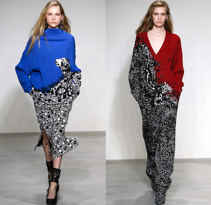 Krizia 2018-2019 Fall Autumn Winter Womens Runway Catwalk Looks - Milano Moda Donna Collezione Milan Fashion Week Italy - Animalier Animals Ram Wolf Bear Cheetah Stripes Zigzag Geometric Trompe L'oeil Embroidery Appliqués Suspenders Belts Straps Sheer Chiffon Accordion Pleats Metallic Drapery Flowers Floral Mesh Lasercut Oversized Outerwear Coat Noodle Strap Strapless Knit Jumper Turtleneck Sweaterdress Onesie Jumpsuit Coveralls Blouse Shirt Slim Pants Boots Heels Clutch Purse Bag