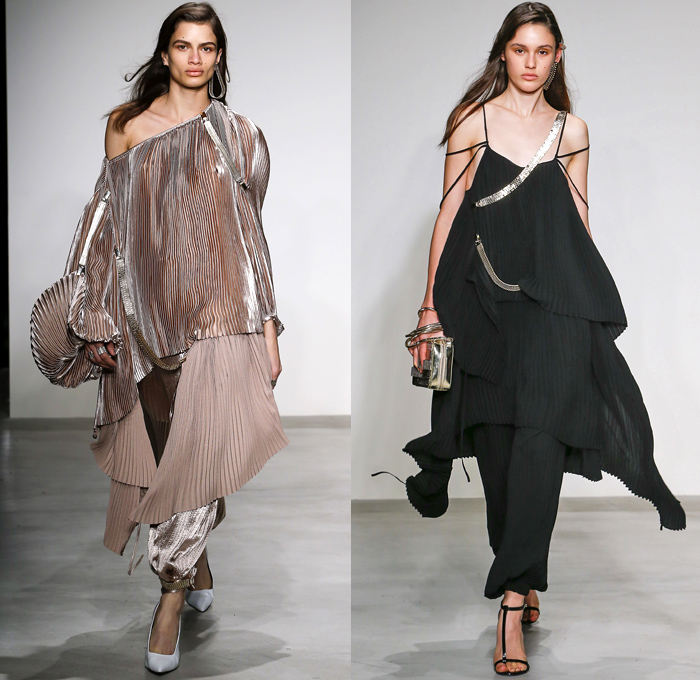 Krizia 2018-2019 Fall Autumn Winter Womens Runway Catwalk Looks - Milano Moda Donna Collezione Milan Fashion Week Italy - Animalier Animals Ram Wolf Bear Cheetah Stripes Zigzag Geometric Trompe L'oeil Embroidery Appliqués Suspenders Belts Straps Sheer Chiffon Accordion Pleats Metallic Drapery Flowers Floral Mesh Lasercut Oversized Outerwear Coat Noodle Strap Strapless Knit Jumper Turtleneck Sweaterdress Onesie Jumpsuit Coveralls Blouse Shirt Slim Pants Boots Heels Clutch Purse Bag