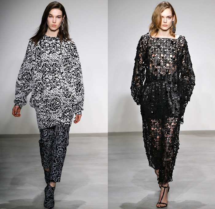 Krizia 2018-2019 Fall Autumn Winter Womens Runway Catwalk Looks - Milano Moda Donna Collezione Milan Fashion Week Italy - Animalier Animals Ram Wolf Bear Cheetah Stripes Zigzag Geometric Trompe L'oeil Embroidery Appliqués Suspenders Belts Straps Sheer Chiffon Accordion Pleats Metallic Drapery Flowers Floral Mesh Lasercut Oversized Outerwear Coat Noodle Strap Strapless Knit Jumper Turtleneck Sweaterdress Onesie Jumpsuit Coveralls Blouse Shirt Slim Pants Boots Heels Clutch Purse Bag