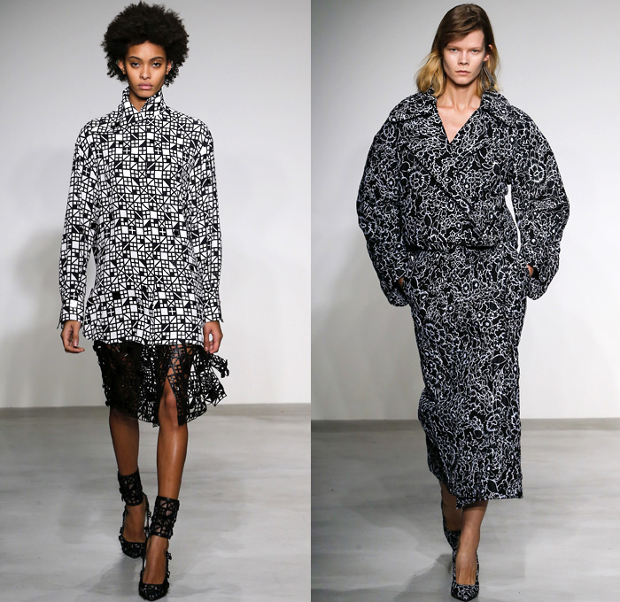 Krizia 2018-2019 Fall Autumn Winter Womens Runway Catwalk Looks - Milano Moda Donna Collezione Milan Fashion Week Italy - Animalier Animals Ram Wolf Bear Cheetah Stripes Zigzag Geometric Trompe L'oeil Embroidery Appliqués Suspenders Belts Straps Sheer Chiffon Accordion Pleats Metallic Drapery Flowers Floral Mesh Lasercut Oversized Outerwear Coat Noodle Strap Strapless Knit Jumper Turtleneck Sweaterdress Onesie Jumpsuit Coveralls Blouse Shirt Slim Pants Boots Heels Clutch Purse Bag