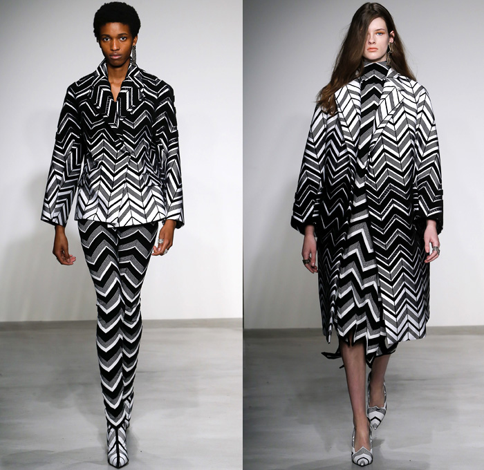 Krizia 2018-2019 Fall Autumn Winter Womens Runway Catwalk Looks - Milano Moda Donna Collezione Milan Fashion Week Italy - Animalier Animals Ram Wolf Bear Cheetah Stripes Zigzag Geometric Trompe L'oeil Embroidery Appliqués Suspenders Belts Straps Sheer Chiffon Accordion Pleats Metallic Drapery Flowers Floral Mesh Lasercut Oversized Outerwear Coat Noodle Strap Strapless Knit Jumper Turtleneck Sweaterdress Onesie Jumpsuit Coveralls Blouse Shirt Slim Pants Boots Heels Clutch Purse Bag