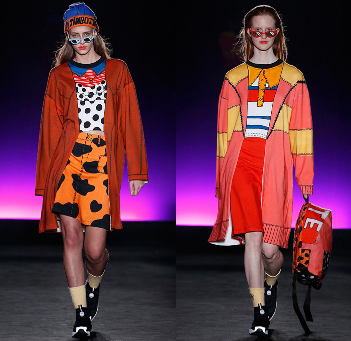 Krizia Robustella 2018-2019 Fall Autumn Winter Womens Runway Catwalk Looks - 080 Barcelona Fashion Catalonia Spain - Trendy Flock The North Fake Satirical Illustration Trompe L'oeil Cartoonish Colorful TMNT Teenage Mutant Ninja Turtles Streetwear Fake Coat Shirt Cardigan Blouse-Coat-Look Stitching Sweater-Coat-Look Pockets Bomber Jacket Sweater-Romper-Look Cow Print Polka Dots Crop Top Midriff Shirtdress Sweaterdress Tie Up Waist Miniskirt Trackpants Jogger Sunglasses Trainers Socks Fake Backpack