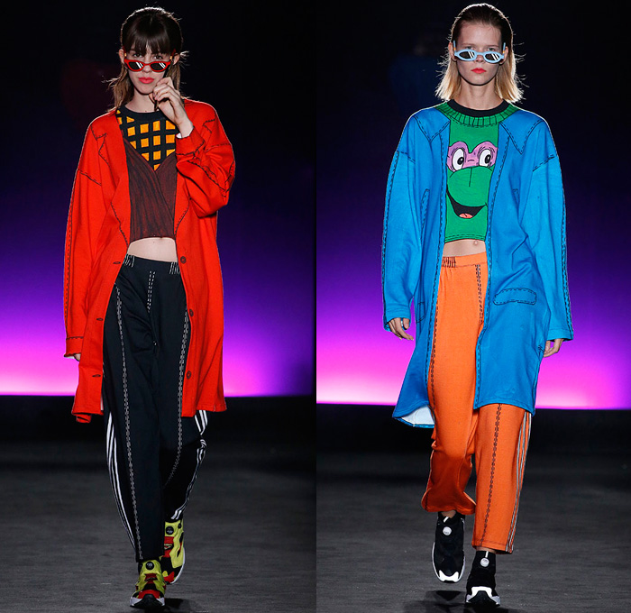 Krizia Robustella 2018-2019 Fall Autumn Winter Womens Runway Catwalk Looks - 080 Barcelona Fashion Catalonia Spain - Trendy Flock The North Fake Satirical Illustration Trompe L'oeil Cartoonish Colorful TMNT Teenage Mutant Ninja Turtles Streetwear Fake Coat Shirt Cardigan Blouse-Coat-Look Stitching Sweater-Coat-Look Pockets Bomber Jacket Sweater-Romper-Look Cow Print Polka Dots Crop Top Midriff Shirtdress Sweaterdress Tie Up Waist Miniskirt Trackpants Jogger Sunglasses Trainers Socks Fake Backpack