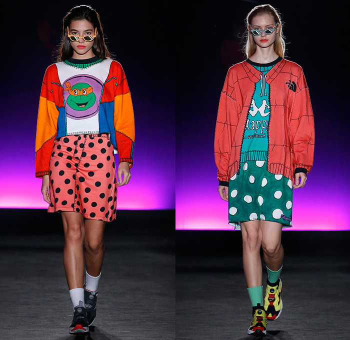 Krizia Robustella 2018-2019 Fall Autumn Winter Womens Runway Catwalk Looks - 080 Barcelona Fashion Catalonia Spain - Trendy Flock The North Fake Satirical Illustration Trompe L'oeil Cartoonish Colorful TMNT Teenage Mutant Ninja Turtles Streetwear Fake Coat Shirt Cardigan Blouse-Coat-Look Stitching Sweater-Coat-Look Pockets Bomber Jacket Sweater-Romper-Look Cow Print Polka Dots Crop Top Midriff Shirtdress Sweaterdress Tie Up Waist Miniskirt Trackpants Jogger Sunglasses Trainers Socks Fake Backpack