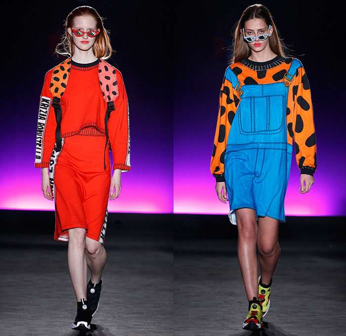 Krizia Robustella 2018-2019 Fall Autumn Winter Womens Runway Catwalk Looks - 080 Barcelona Fashion Catalonia Spain - Trendy Flock The North Fake Satirical Illustration Trompe L'oeil Cartoonish Colorful TMNT Teenage Mutant Ninja Turtles Streetwear Fake Coat Shirt Cardigan Blouse-Coat-Look Stitching Sweater-Coat-Look Pockets Bomber Jacket Sweater-Romper-Look Cow Print Polka Dots Crop Top Midriff Shirtdress Sweaterdress Tie Up Waist Miniskirt Trackpants Jogger Sunglasses Trainers Socks Fake Backpack