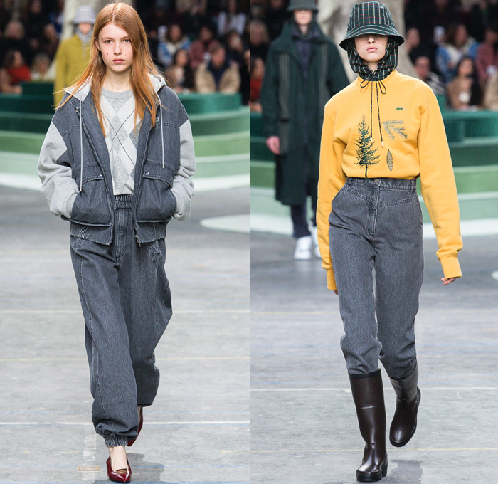 Lacoste 2018-2019 Fall Autumn Winter Womens Runway Catwalk Looks - Mode à Paris Fashion Week France - Retro 1980s Eighties 1990s Nineties Sportswear Plaid Tartan Check Argyle Houndstooth Corduroy Velvet Fur Shearling Suede Fauna Leaves Foliage Animals Birds Monkeys Turtles Tiger Fleece Parka Poncho Cape Anorak Cagoule Leather Hoodie Drawstring Sweater Track Jacket Shirtdress Sweaterdress Denim Jeans Sweatshirt Jogger Sweatpants Capri Culottes Skirt Bucket Hat Boots Galoshes Messenger Bag