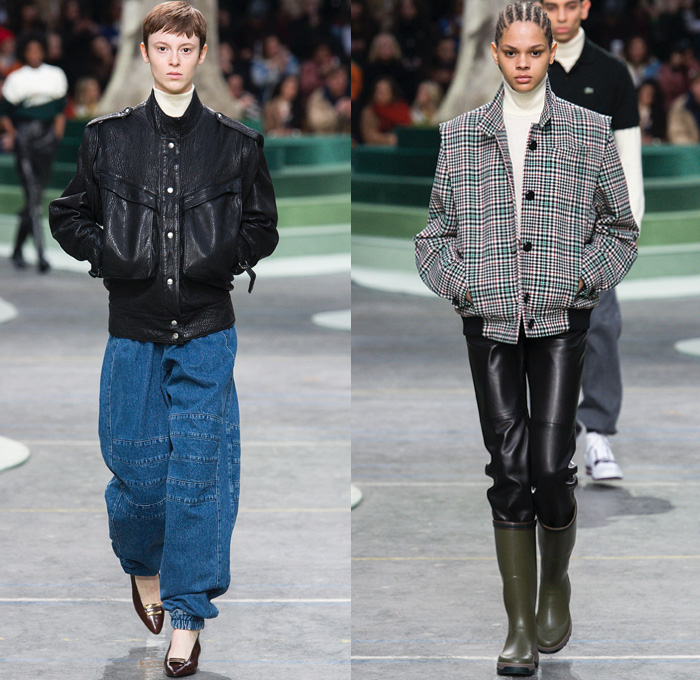 Lacoste 2018-2019 Fall Autumn Winter Womens Runway Catwalk Looks - Mode à Paris Fashion Week France - Retro 1980s Eighties 1990s Nineties Sportswear Plaid Tartan Check Argyle Houndstooth Corduroy Velvet Fur Shearling Suede Fauna Leaves Foliage Animals Birds Monkeys Turtles Tiger Fleece Parka Poncho Cape Anorak Cagoule Leather Hoodie Drawstring Sweater Track Jacket Shirtdress Sweaterdress Denim Jeans Sweatshirt Jogger Sweatpants Capri Culottes Skirt Bucket Hat Boots Galoshes Messenger Bag