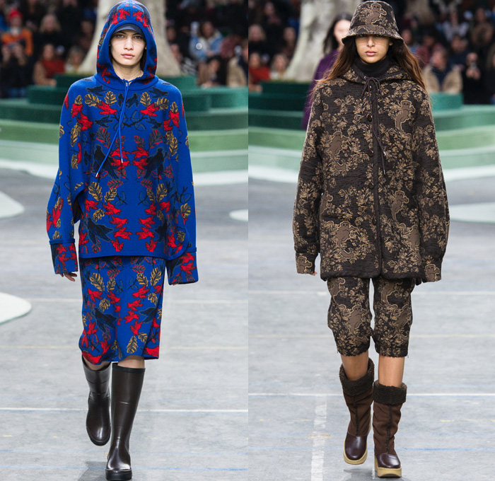 Lacoste 2018-2019 Fall Autumn Winter Womens Runway Catwalk Looks - Mode à Paris Fashion Week France - Retro 1980s Eighties 1990s Nineties Sportswear Plaid Tartan Check Argyle Houndstooth Corduroy Velvet Fur Shearling Suede Fauna Leaves Foliage Animals Birds Monkeys Turtles Tiger Fleece Parka Poncho Cape Anorak Cagoule Leather Hoodie Drawstring Sweater Track Jacket Shirtdress Sweaterdress Denim Jeans Sweatshirt Jogger Sweatpants Capri Culottes Skirt Bucket Hat Boots Galoshes Messenger Bag