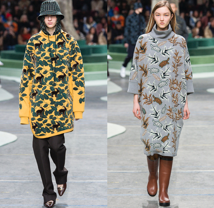 Lacoste 2018-2019 Fall Autumn Winter Womens Runway Catwalk Looks - Mode à Paris Fashion Week France - Retro 1980s Eighties 1990s Nineties Sportswear Plaid Tartan Check Argyle Houndstooth Corduroy Velvet Fur Shearling Suede Fauna Leaves Foliage Animals Birds Monkeys Turtles Tiger Fleece Parka Poncho Cape Anorak Cagoule Leather Hoodie Drawstring Sweater Track Jacket Shirtdress Sweaterdress Denim Jeans Sweatshirt Jogger Sweatpants Capri Culottes Skirt Bucket Hat Boots Galoshes Messenger Bag