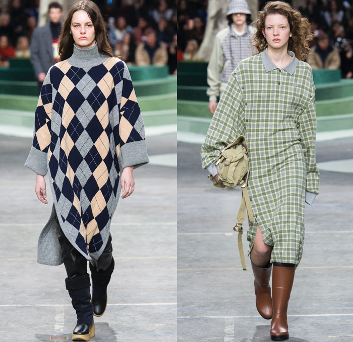 Lacoste 2018-2019 Fall Autumn Winter Womens Runway Catwalk Looks - Mode à Paris Fashion Week France - Retro 1980s Eighties 1990s Nineties Sportswear Plaid Tartan Check Argyle Houndstooth Corduroy Velvet Fur Shearling Suede Fauna Leaves Foliage Animals Birds Monkeys Turtles Tiger Fleece Parka Poncho Cape Anorak Cagoule Leather Hoodie Drawstring Sweater Track Jacket Shirtdress Sweaterdress Denim Jeans Sweatshirt Jogger Sweatpants Capri Culottes Skirt Bucket Hat Boots Galoshes Messenger Bag