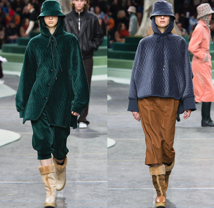 Lacoste 2018-2019 Fall Autumn Winter Womens Runway Catwalk Looks - Mode à Paris Fashion Week France - Retro 1980s Eighties 1990s Nineties Sportswear Plaid Tartan Check Argyle Houndstooth Corduroy Velvet Fur Shearling Suede Fauna Leaves Foliage Animals Birds Monkeys Turtles Tiger Fleece Parka Poncho Cape Anorak Cagoule Leather Hoodie Drawstring Sweater Track Jacket Shirtdress Sweaterdress Denim Jeans Sweatshirt Jogger Sweatpants Capri Culottes Skirt Bucket Hat Boots Galoshes Messenger Bag