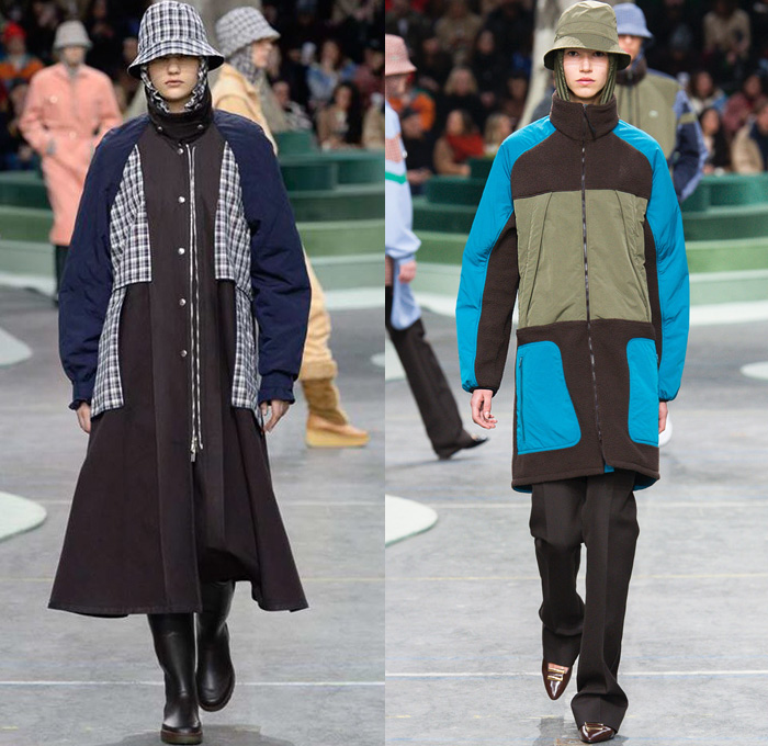 Lacoste 2018-2019 Fall Autumn Winter Womens Runway Catwalk Looks - Mode à Paris Fashion Week France - Retro 1980s Eighties 1990s Nineties Sportswear Plaid Tartan Check Argyle Houndstooth Corduroy Velvet Fur Shearling Suede Fauna Leaves Foliage Animals Birds Monkeys Turtles Tiger Fleece Parka Poncho Cape Anorak Cagoule Leather Hoodie Drawstring Sweater Track Jacket Shirtdress Sweaterdress Denim Jeans Sweatshirt Jogger Sweatpants Capri Culottes Skirt Bucket Hat Boots Galoshes Messenger Bag