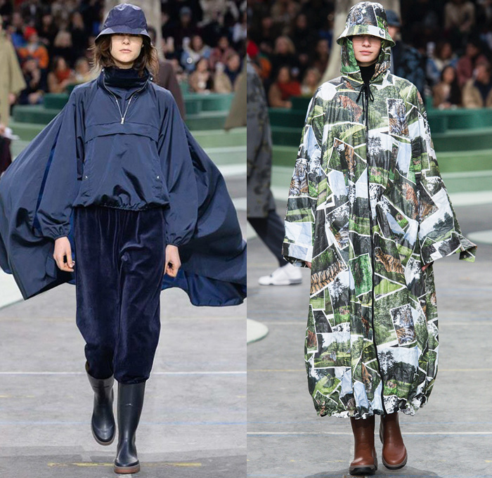 Lacoste 2018-2019 Fall Autumn Winter Womens Runway Catwalk Looks - Mode à Paris Fashion Week France - Retro 1980s Eighties 1990s Nineties Sportswear Plaid Tartan Check Argyle Houndstooth Corduroy Velvet Fur Shearling Suede Fauna Leaves Foliage Animals Birds Monkeys Turtles Tiger Fleece Parka Poncho Cape Anorak Cagoule Leather Hoodie Drawstring Sweater Track Jacket Shirtdress Sweaterdress Denim Jeans Sweatshirt Jogger Sweatpants Capri Culottes Skirt Bucket Hat Boots Galoshes Messenger Bag