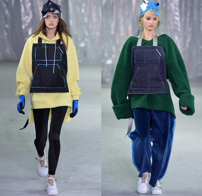 Lærke Andersen 2018-2019 Fall Autumn Winter Womens Runway Catwalk Looks - Copenhagen Fashion Week Denmark CPHFW København - Denim Jeans Turban Headscarf Apron Vest Waistcoat Frayed Raw Hem Extra Panel Peel Away Tie Up Waist Cargo Pants Wide Leg Palazzo Pants Plush Fur Shearling Outerwear Coat Knit Sweater Crop Top Midriff Tanktop Sweatshirt Shirtdress Fleece Corduroy Straps Belts Velcro Skirt Leggings Trackpants Jogger Sweatpants Arm Warmers Gloves Sneakers Strap Mesh Net Tote Bag