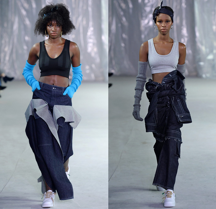 Lærke Andersen 2018-2019 Fall Autumn Winter Womens Runway Catwalk Looks - Copenhagen Fashion Week Denmark CPHFW København - Denim Jeans Turban Headscarf Apron Vest Waistcoat Frayed Raw Hem Extra Panel Peel Away Tie Up Waist Cargo Pants Wide Leg Palazzo Pants Plush Fur Shearling Outerwear Coat Knit Sweater Crop Top Midriff Tanktop Sweatshirt Shirtdress Fleece Corduroy Straps Belts Velcro Skirt Leggings Trackpants Jogger Sweatpants Arm Warmers Gloves Sneakers Strap Mesh Net Tote Bag