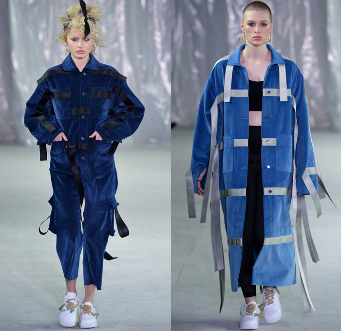 Lærke Andersen 2018-2019 Fall Autumn Winter Womens Runway Catwalk Looks - Copenhagen Fashion Week Denmark CPHFW København - Denim Jeans Turban Headscarf Apron Vest Waistcoat Frayed Raw Hem Extra Panel Peel Away Tie Up Waist Cargo Pants Wide Leg Palazzo Pants Plush Fur Shearling Outerwear Coat Knit Sweater Crop Top Midriff Tanktop Sweatshirt Shirtdress Fleece Corduroy Straps Belts Velcro Skirt Leggings Trackpants Jogger Sweatpants Arm Warmers Gloves Sneakers Strap Mesh Net Tote Bag