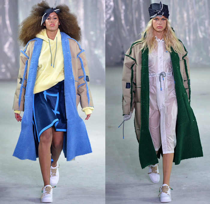 Lærke Andersen 2018-2019 Fall Autumn Winter Womens Runway Catwalk Looks - Copenhagen Fashion Week Denmark CPHFW København - Denim Jeans Turban Headscarf Apron Vest Waistcoat Frayed Raw Hem Extra Panel Peel Away Tie Up Waist Cargo Pants Wide Leg Palazzo Pants Plush Fur Shearling Outerwear Coat Knit Sweater Crop Top Midriff Tanktop Sweatshirt Shirtdress Fleece Corduroy Straps Belts Velcro Skirt Leggings Trackpants Jogger Sweatpants Arm Warmers Gloves Sneakers Strap Mesh Net Tote Bag