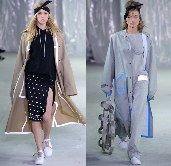 Lærke Andersen 2018-2019 Fall Autumn Winter Womens Runway Catwalk Looks - Copenhagen Fashion Week Denmark CPHFW København - Denim Jeans Turban Headscarf Apron Vest Waistcoat Frayed Raw Hem Extra Panel Peel Away Tie Up Waist Cargo Pants Wide Leg Palazzo Pants Plush Fur Shearling Outerwear Coat Knit Sweater Crop Top Midriff Tanktop Sweatshirt Shirtdress Fleece Corduroy Straps Belts Velcro Skirt Leggings Trackpants Jogger Sweatpants Arm Warmers Gloves Sneakers Strap Mesh Net Tote Bag