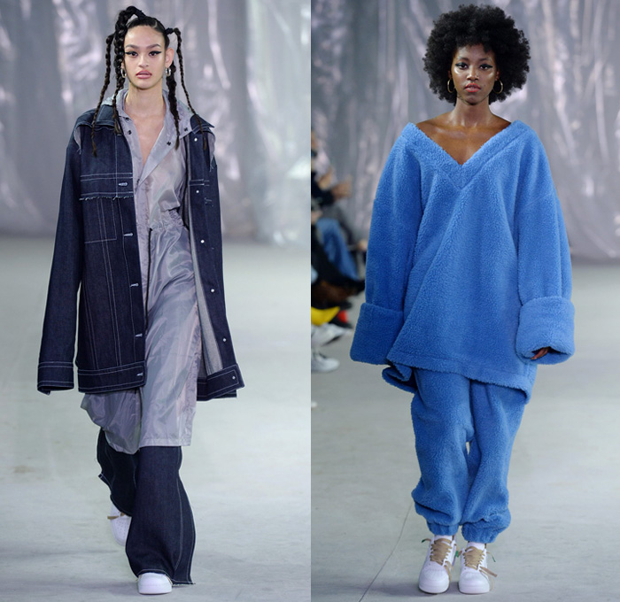 Lærke Andersen 2018-2019 Fall Autumn Winter Womens Runway Catwalk Looks - Copenhagen Fashion Week Denmark CPHFW København - Denim Jeans Turban Headscarf Apron Vest Waistcoat Frayed Raw Hem Extra Panel Peel Away Tie Up Waist Cargo Pants Wide Leg Palazzo Pants Plush Fur Shearling Outerwear Coat Knit Sweater Crop Top Midriff Tanktop Sweatshirt Shirtdress Fleece Corduroy Straps Belts Velcro Skirt Leggings Trackpants Jogger Sweatpants Arm Warmers Gloves Sneakers Strap Mesh Net Tote Bag