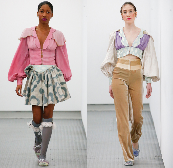 Lou Dallas 2018-2019 Fall Autumn Winter Womens Runway Catwalk Looks - New York Fashion Week NYFW - Renaissance Embroidery Bedazzled Sequins Gemstones Curls Mesh Fishnet Velvet Feathers Brocade Jacquard Ruffles Fur Snakeskin Pleats Stars Rope Cord Lace Up Bow Satin Knit Poufy Puffer Shoulders Leg O'Mutton Sleeves Blouse Jacket Coat Jagged Hem Strapless  Sweater Crop Top Noodle Strap Babydoll Dress Miniskirt High Waist Pants Leggings Tights Stockings Flats Ballet Shoes Strap Crossbody Bag