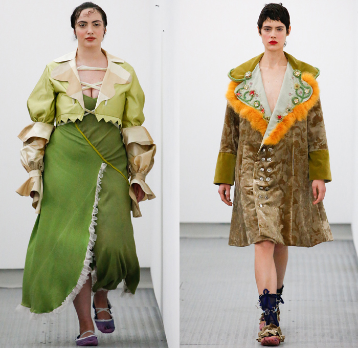Lou Dallas 2018-2019 Fall Autumn Winter Womens Runway Catwalk Looks - New York Fashion Week NYFW - Renaissance Embroidery Bedazzled Sequins Gemstones Curls Mesh Fishnet Velvet Feathers Brocade Jacquard Ruffles Fur Snakeskin Pleats Stars Rope Cord Lace Up Bow Satin Knit Poufy Puffer Shoulders Leg O'Mutton Sleeves Blouse Jacket Coat Jagged Hem Strapless  Sweater Crop Top Noodle Strap Babydoll Dress Miniskirt High Waist Pants Leggings Tights Stockings Flats Ballet Shoes Strap Crossbody Bag
