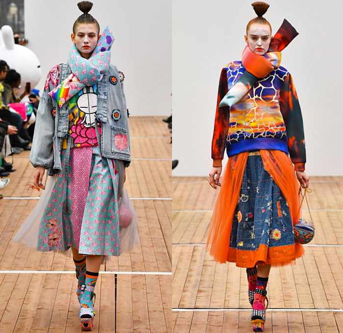 Manish Arora 2018-2019 Fall Autumn Winter Womens Runway Catwalk Looks - Mode à Paris Fashion Week France - Japanese Chinese Emoji Tuzki Pop Art Zen Koi Fish Eiffel Towers Embroidery Bedazzled Sequins Flowers Floral Leaves Clouds Geometric Mix Satin Tulle Tutu Neoprene Fringes Beads Brocade Check Wool Coat Bomber Jacket Sweaterdress Obi Sash Kimono Robe Cape Quilted Puffer Denim Jeans Stonewash Patches Vest Wide Leg Tapered Skirt Dress Gown Scarf Pillow Socks Platform Shoes Nails Sphere Bag