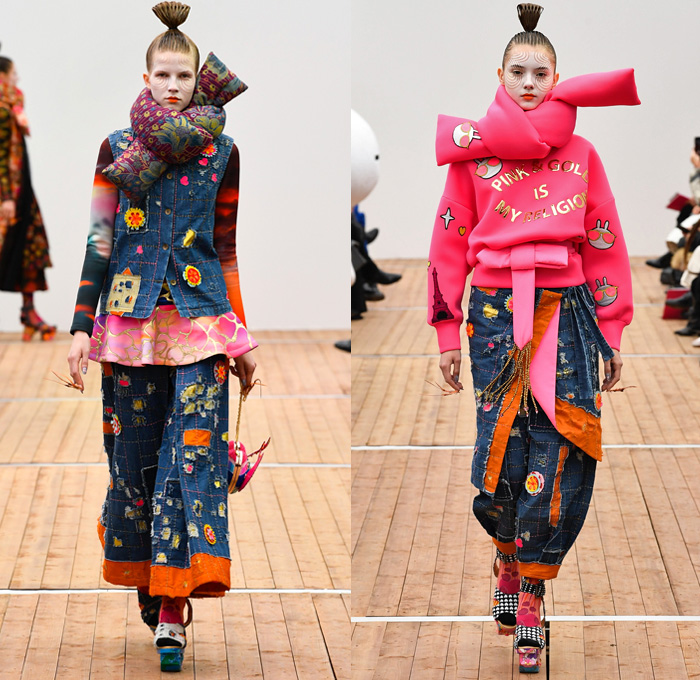 Manish Arora 2018-2019 Fall Autumn Winter Womens Runway Catwalk Looks - Mode à Paris Fashion Week France - Japanese Chinese Emoji Tuzki Pop Art Zen Koi Fish Eiffel Towers Embroidery Bedazzled Sequins Flowers Floral Leaves Clouds Geometric Mix Satin Tulle Tutu Neoprene Fringes Beads Brocade Check Wool Coat Bomber Jacket Sweaterdress Obi Sash Kimono Robe Cape Quilted Puffer Denim Jeans Stonewash Patches Vest Wide Leg Tapered Skirt Dress Gown Scarf Pillow Socks Platform Shoes Nails Sphere Bag