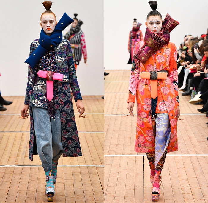 Manish Arora 2018-2019 Fall Autumn Winter Womens Runway Catwalk Looks - Mode à Paris Fashion Week France - Japanese Chinese Emoji Tuzki Pop Art Zen Koi Fish Eiffel Towers Embroidery Bedazzled Sequins Flowers Floral Leaves Clouds Geometric Mix Satin Tulle Tutu Neoprene Fringes Beads Brocade Check Wool Coat Bomber Jacket Sweaterdress Obi Sash Kimono Robe Cape Quilted Puffer Denim Jeans Stonewash Patches Vest Wide Leg Tapered Skirt Dress Gown Scarf Pillow Socks Platform Shoes Nails Sphere Bag