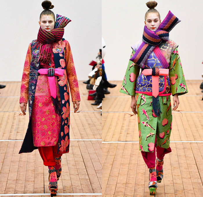 Manish Arora 2018-2019 Fall Autumn Winter Womens Runway Catwalk Looks - Mode à Paris Fashion Week France - Japanese Chinese Emoji Tuzki Pop Art Zen Koi Fish Eiffel Towers Embroidery Bedazzled Sequins Flowers Floral Leaves Clouds Geometric Mix Satin Tulle Tutu Neoprene Fringes Beads Brocade Check Wool Coat Bomber Jacket Sweaterdress Obi Sash Kimono Robe Cape Quilted Puffer Denim Jeans Stonewash Patches Vest Wide Leg Tapered Skirt Dress Gown Scarf Pillow Socks Platform Shoes Nails Sphere Bag