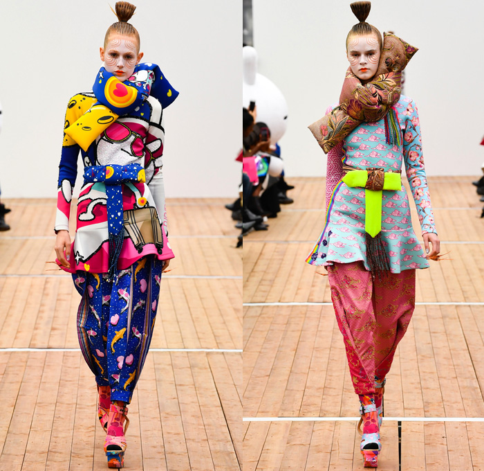 Manish Arora 2018-2019 Fall Autumn Winter Womens Runway Catwalk Looks - Mode à Paris Fashion Week France - Japanese Chinese Emoji Tuzki Pop Art Zen Koi Fish Eiffel Towers Embroidery Bedazzled Sequins Flowers Floral Leaves Clouds Geometric Mix Satin Tulle Tutu Neoprene Fringes Beads Brocade Check Wool Coat Bomber Jacket Sweaterdress Obi Sash Kimono Robe Cape Quilted Puffer Denim Jeans Stonewash Patches Vest Wide Leg Tapered Skirt Dress Gown Scarf Pillow Socks Platform Shoes Nails Sphere Bag