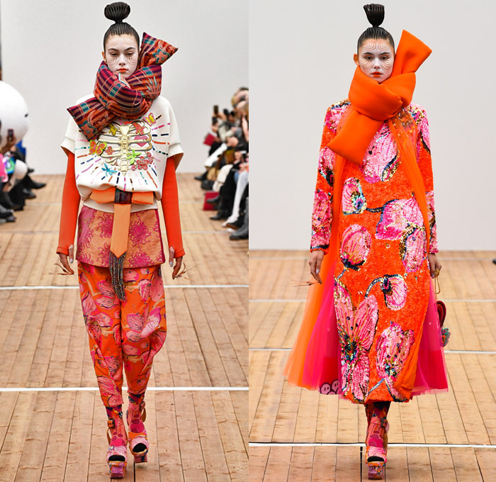 Manish Arora 2018-2019 Fall Autumn Winter Womens Runway Catwalk Looks - Mode à Paris Fashion Week France - Japanese Chinese Emoji Tuzki Pop Art Zen Koi Fish Eiffel Towers Embroidery Bedazzled Sequins Flowers Floral Leaves Clouds Geometric Mix Satin Tulle Tutu Neoprene Fringes Beads Brocade Check Wool Coat Bomber Jacket Sweaterdress Obi Sash Kimono Robe Cape Quilted Puffer Denim Jeans Stonewash Patches Vest Wide Leg Tapered Skirt Dress Gown Scarf Pillow Socks Platform Shoes Nails Sphere Bag