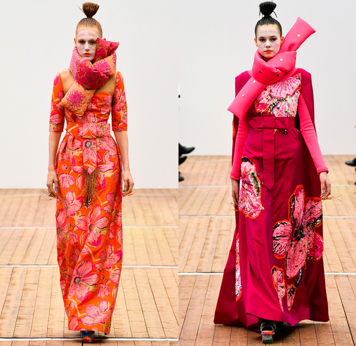 Manish Arora 2018-2019 Fall Autumn Winter Womens Runway Catwalk Looks - Mode à Paris Fashion Week France - Japanese Chinese Emoji Tuzki Pop Art Zen Koi Fish Eiffel Towers Embroidery Bedazzled Sequins Flowers Floral Leaves Clouds Geometric Mix Satin Tulle Tutu Neoprene Fringes Beads Brocade Check Wool Coat Bomber Jacket Sweaterdress Obi Sash Kimono Robe Cape Quilted Puffer Denim Jeans Stonewash Patches Vest Wide Leg Tapered Skirt Dress Gown Scarf Pillow Socks Platform Shoes Nails Sphere Bag