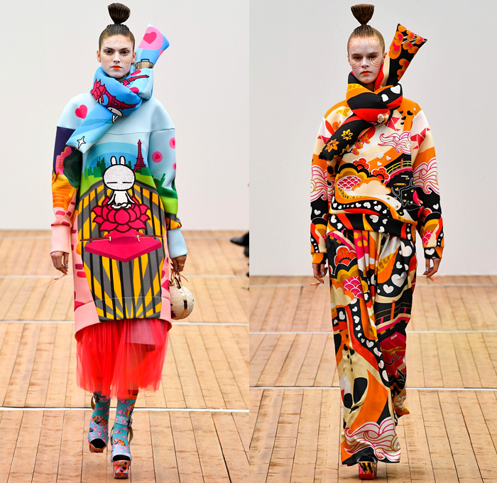 Manish Arora 2018-2019 Fall Autumn Winter Womens Runway Catwalk Looks - Mode à Paris Fashion Week France - Japanese Chinese Emoji Tuzki Pop Art Zen Koi Fish Eiffel Towers Embroidery Bedazzled Sequins Flowers Floral Leaves Clouds Geometric Mix Satin Tulle Tutu Neoprene Fringes Beads Brocade Check Wool Coat Bomber Jacket Sweaterdress Obi Sash Kimono Robe Cape Quilted Puffer Denim Jeans Stonewash Patches Vest Wide Leg Tapered Skirt Dress Gown Scarf Pillow Socks Platform Shoes Nails Sphere Bag