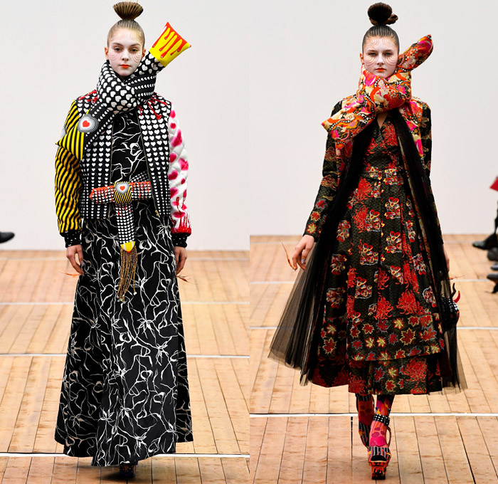 Manish Arora 2018-2019 Fall Autumn Winter Womens Runway Catwalk Looks - Mode à Paris Fashion Week France - Japanese Chinese Emoji Tuzki Pop Art Zen Koi Fish Eiffel Towers Embroidery Bedazzled Sequins Flowers Floral Leaves Clouds Geometric Mix Satin Tulle Tutu Neoprene Fringes Beads Brocade Check Wool Coat Bomber Jacket Sweaterdress Obi Sash Kimono Robe Cape Quilted Puffer Denim Jeans Stonewash Patches Vest Wide Leg Tapered Skirt Dress Gown Scarf Pillow Socks Platform Shoes Nails Sphere Bag