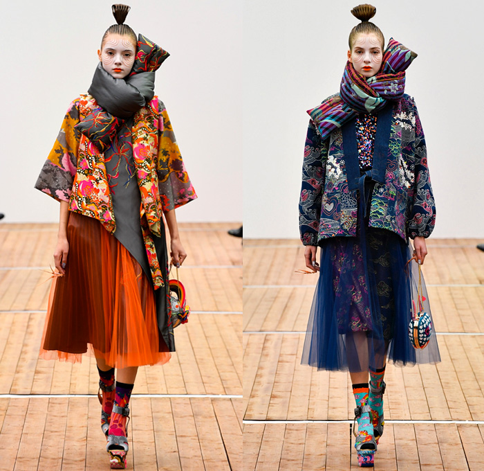 Manish Arora 2018-2019 Fall Autumn Winter Womens Runway Catwalk Looks - Mode à Paris Fashion Week France - Japanese Chinese Emoji Tuzki Pop Art Zen Koi Fish Eiffel Towers Embroidery Bedazzled Sequins Flowers Floral Leaves Clouds Geometric Mix Satin Tulle Tutu Neoprene Fringes Beads Brocade Check Wool Coat Bomber Jacket Sweaterdress Obi Sash Kimono Robe Cape Quilted Puffer Denim Jeans Stonewash Patches Vest Wide Leg Tapered Skirt Dress Gown Scarf Pillow Socks Platform Shoes Nails Sphere Bag